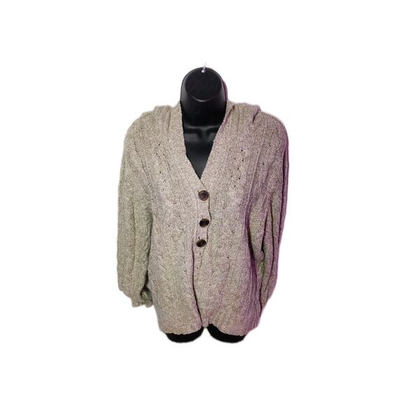 Vintage Y2K American Eagle Xl Chunky Cable Knit Hooded Sweater Driftwood Maple - Picture 12 of 16